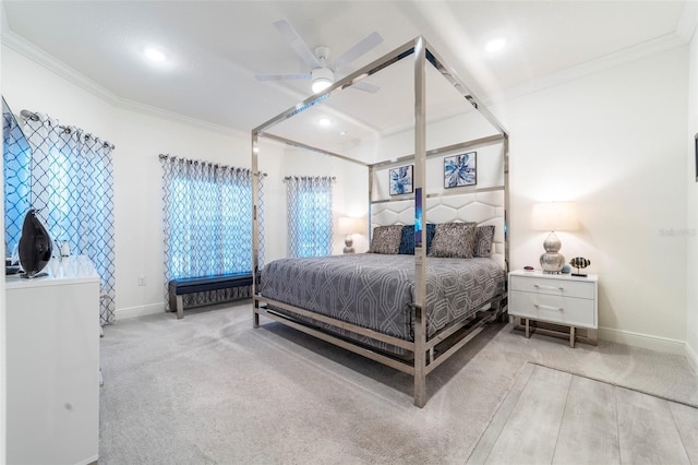 bedroom featuring ornamental molding, recessed lighting, carpet flooring, and baseboards