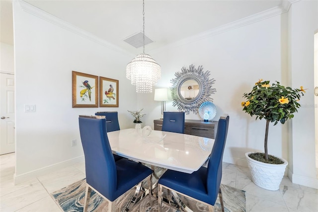 dining space featuring marble finish floor, baseboards, visible vents, and ornamental molding