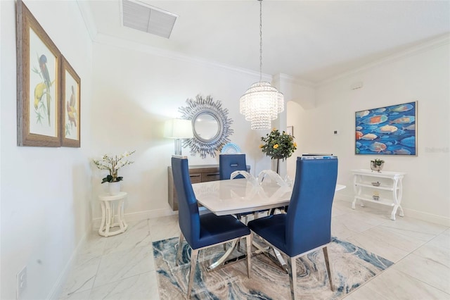 dining space featuring marble finish floor, visible vents, crown molding, and baseboards