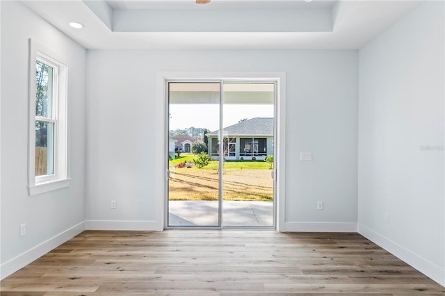 empty room featuring light wood-style floors, plenty of natural light, and baseboards