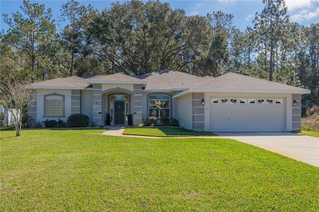 view of front of property featuring concrete driveway, an attached garage, a front lawn, and stucco siding