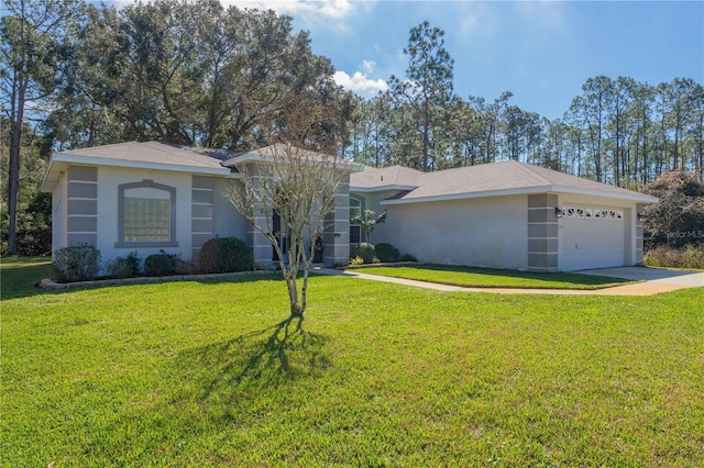 ranch-style home with driveway, a garage, a front lawn, and stucco siding