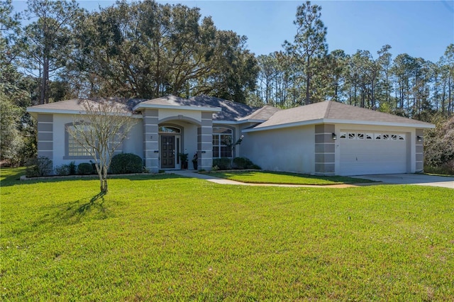 single story home with a garage, driveway, a front lawn, and stucco siding