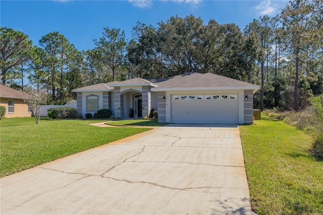 single story home featuring concrete driveway, an attached garage, a front lawn, and stucco siding