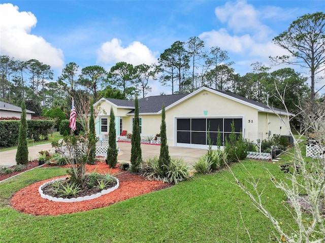 ranch-style house with a garage, concrete driveway, a front lawn, and stucco siding