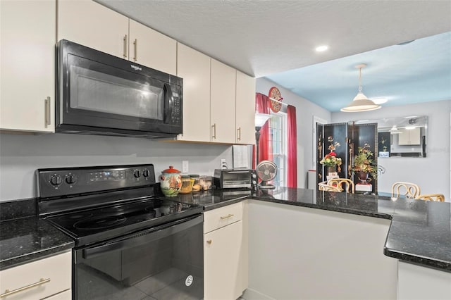 kitchen with a toaster, white cabinetry, black appliances, dark stone countertops, and decorative light fixtures