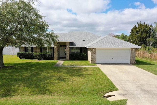 ranch-style house with brick siding, a shingled roof, concrete driveway, a garage, and a front lawn