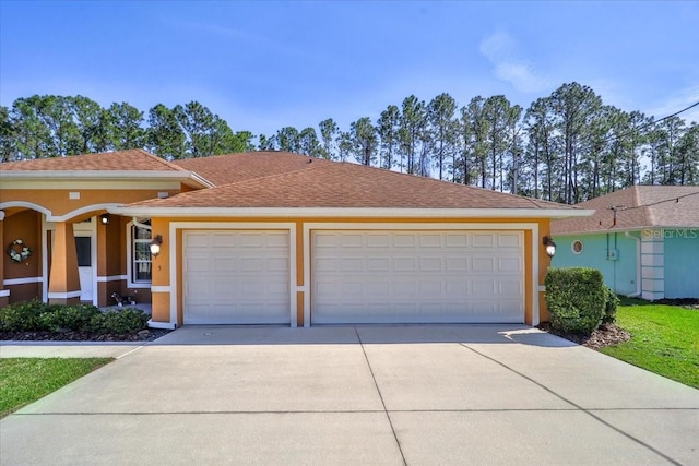 view of front facade featuring a shingled roof, concrete driveway, an attached garage, and stucco siding