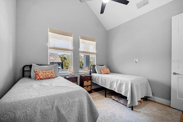 2737 John Bull, Flagler Beach, FL 32136 - bedroom with visible vents, ceiling fan, wood finished floors, high vaulted ceiling, and baseboards