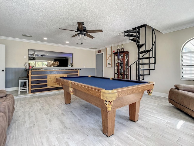 playroom featuring crown molding, visible vents, wainscoting, wood finished floors, and billiards
