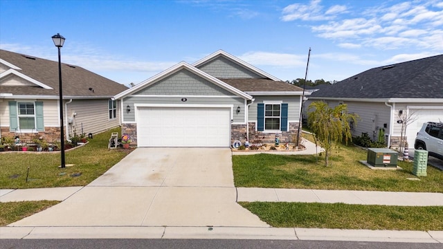 craftsman-style home with stone siding, concrete driveway, and a front yard