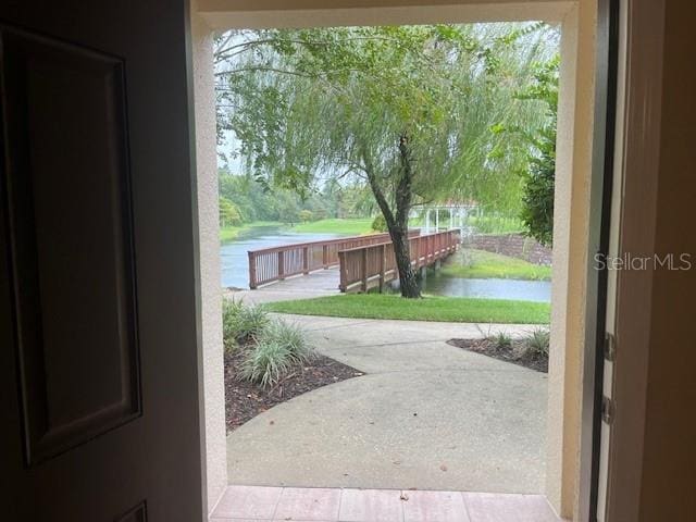 entryway featuring a water view