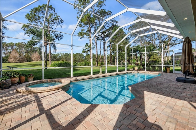 view of swimming pool featuring a lawn, glass enclosure, a patio, and a pool with connected hot tub