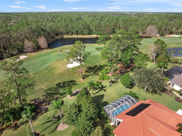 aerial view with a water view and a view of trees