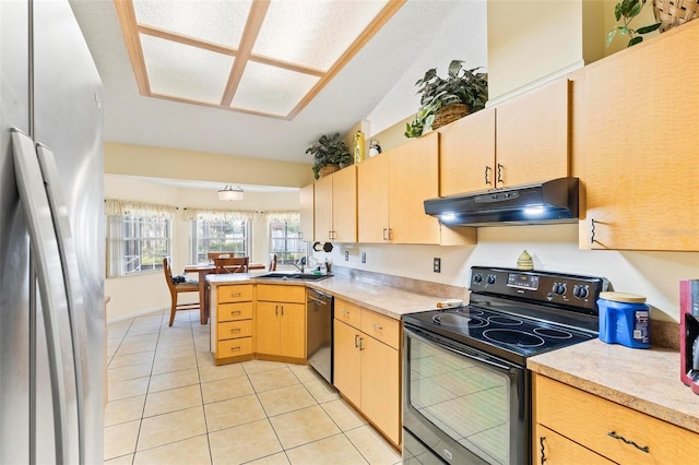 kitchen featuring light countertops, under cabinet range hood, black appliances, and light tile patterned flooring