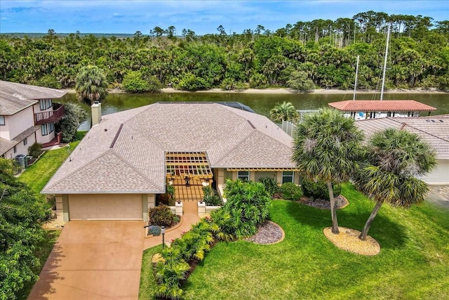 aerial view featuring a water view