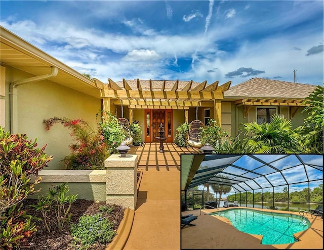 85 Comanche Ct, Palm Coast, FL 32137 - outdoor pool featuring a patio area, a pergola, and glass enclosure
