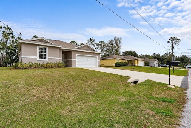 ranch-style house with concrete driveway, a front lawn, an attached garage, and stucco siding