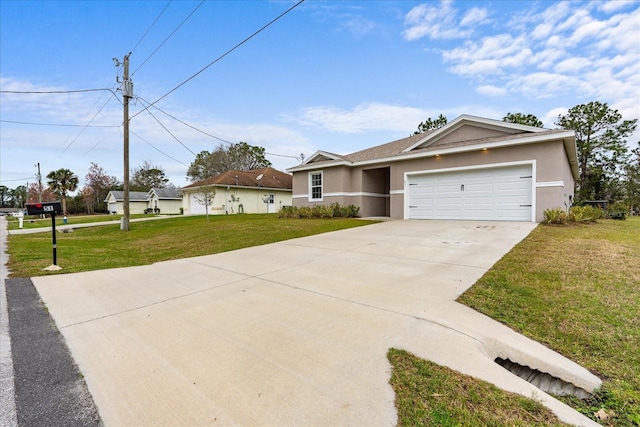 ranch-style home featuring driveway, a front lawn, an attached garage, and stucco siding