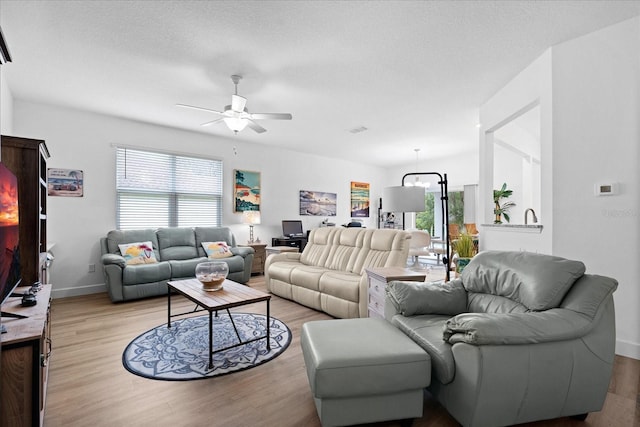 living room featuring light wood-style floors, a textured ceiling, and a wealth of natural light