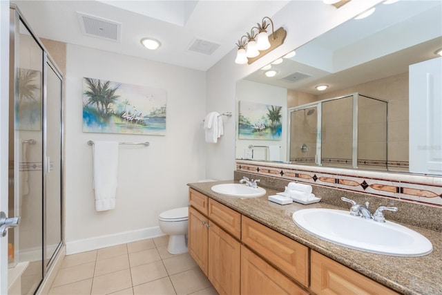 full bath featuring tile patterned flooring, a shower stall, visible vents, and a sink