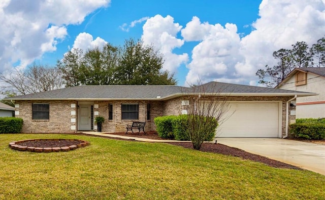 ranch-style house featuring a garage, driveway, a front lawn, and brick siding