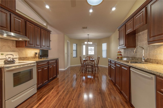 kitchen with dark wood-style floors, electric stove, a sink, light stone countertops, and dishwashing machine