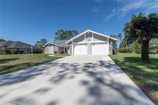 ranch-style house with a garage, stone siding, a front lawn, and concrete driveway