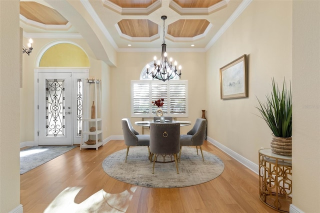 dining room with ornamental molding, wood finished floors, a chandelier, coffered ceiling, and baseboards