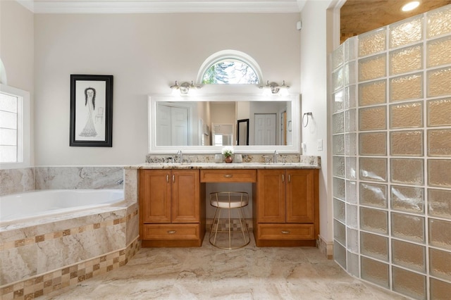 full bath with a garden tub, plenty of natural light, ornamental molding, and a sink