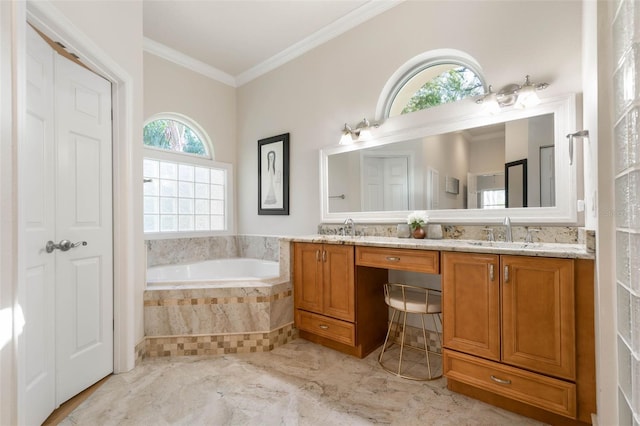 bathroom with a bath, double vanity, ornamental molding, and a sink