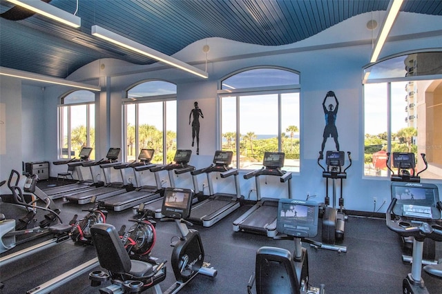 exercise room featuring lofted ceiling and wooden ceiling