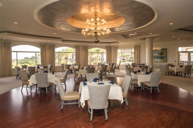 dining space with wood finished floors, a healthy amount of sunlight, a raised ceiling, and a notable chandelier