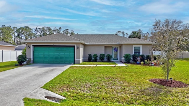 ranch-style house with a garage, a front lawn, fence, and stucco siding