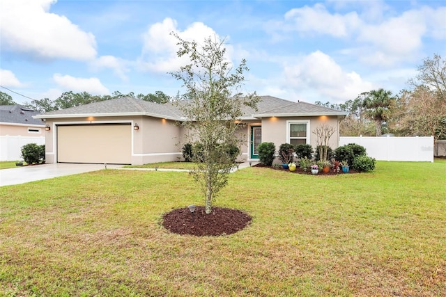 single story home with an attached garage, fence, concrete driveway, and stucco siding