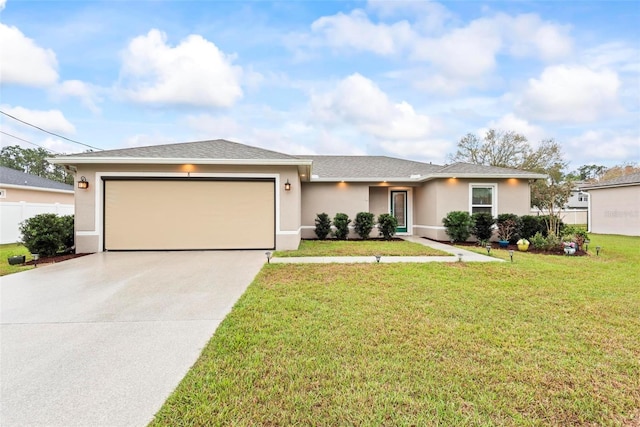 ranch-style home featuring stucco siding, a front yard, fence, a garage, and driveway