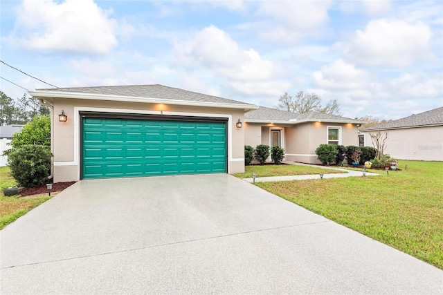 ranch-style home featuring stucco siding, a shingled roof, concrete driveway, and a front yard