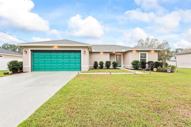 single story home with driveway, a front lawn, an attached garage, and stucco siding