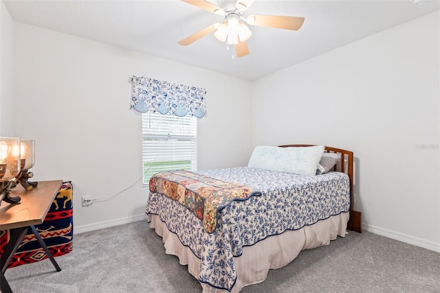 bedroom featuring carpet floors, ceiling fan, and baseboards