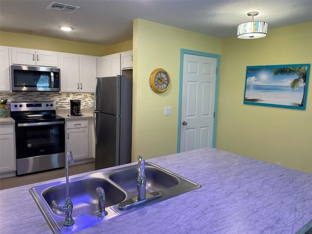 8 Smoke Tree Pl, Palm Coast, FL 32164 - kitchen featuring appliances with stainless steel finishes, a sink, white cabinetry, and decorative backsplash