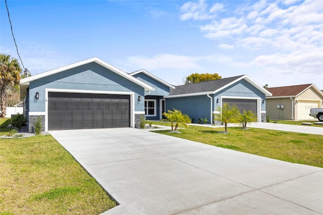 ranch-style house with an attached garage, a front lawn, concrete driveway, and stucco siding