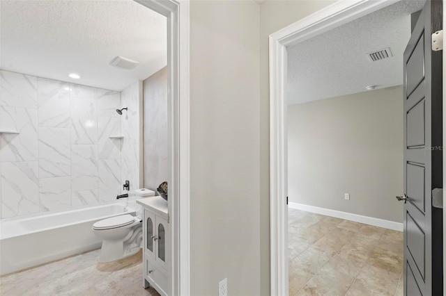 full bath with visible vents, baseboards, toilet, bathtub / shower combination, and a textured ceiling