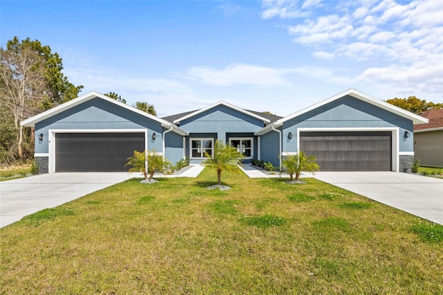 ranch-style house featuring concrete driveway, a front lawn, an attached garage, and stucco siding