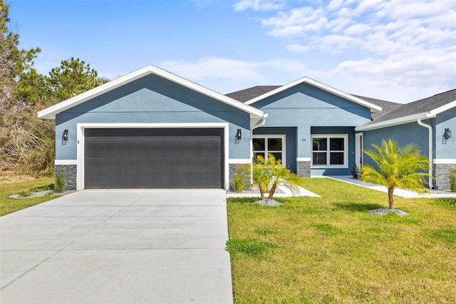 view of front of property featuring stucco siding, an attached garage, stone siding, driveway, and a front lawn