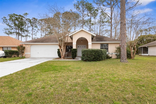 single story home with a front yard, concrete driveway, an attached garage, and stucco siding