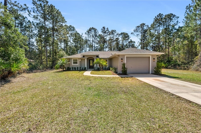 single story home featuring a garage, a front yard, driveway, and stucco siding