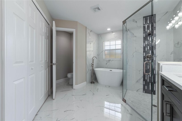 full bathroom featuring marble finish floor, a marble finish shower, a soaking tub, visible vents, and vanity