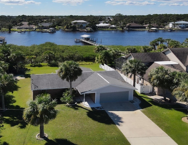 aerial view featuring a water view