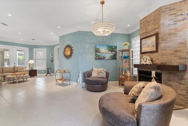 living area with tile patterned flooring, baseboards, ornamental molding, recessed lighting, and a fireplace