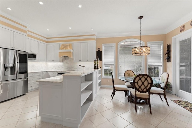 kitchen featuring ornamental molding, open shelves, stainless steel appliances, and premium range hood